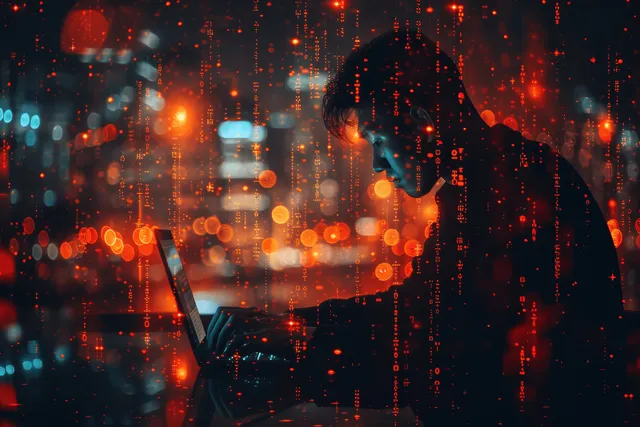 Businessman coding on laptop with flowing binary code, city night glow double exposure