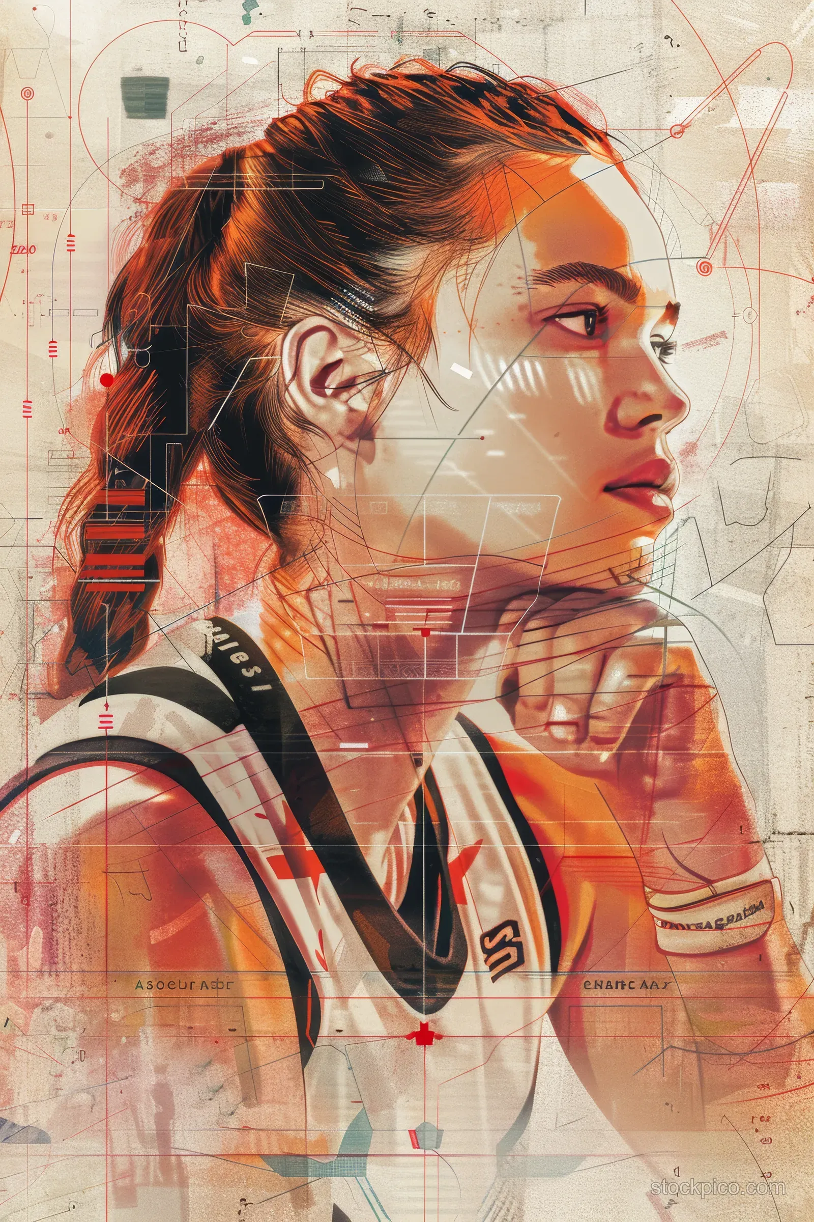 Illustrated female basketball player reviewing a tactical 3x3 court diagram with glowing stat overlays.