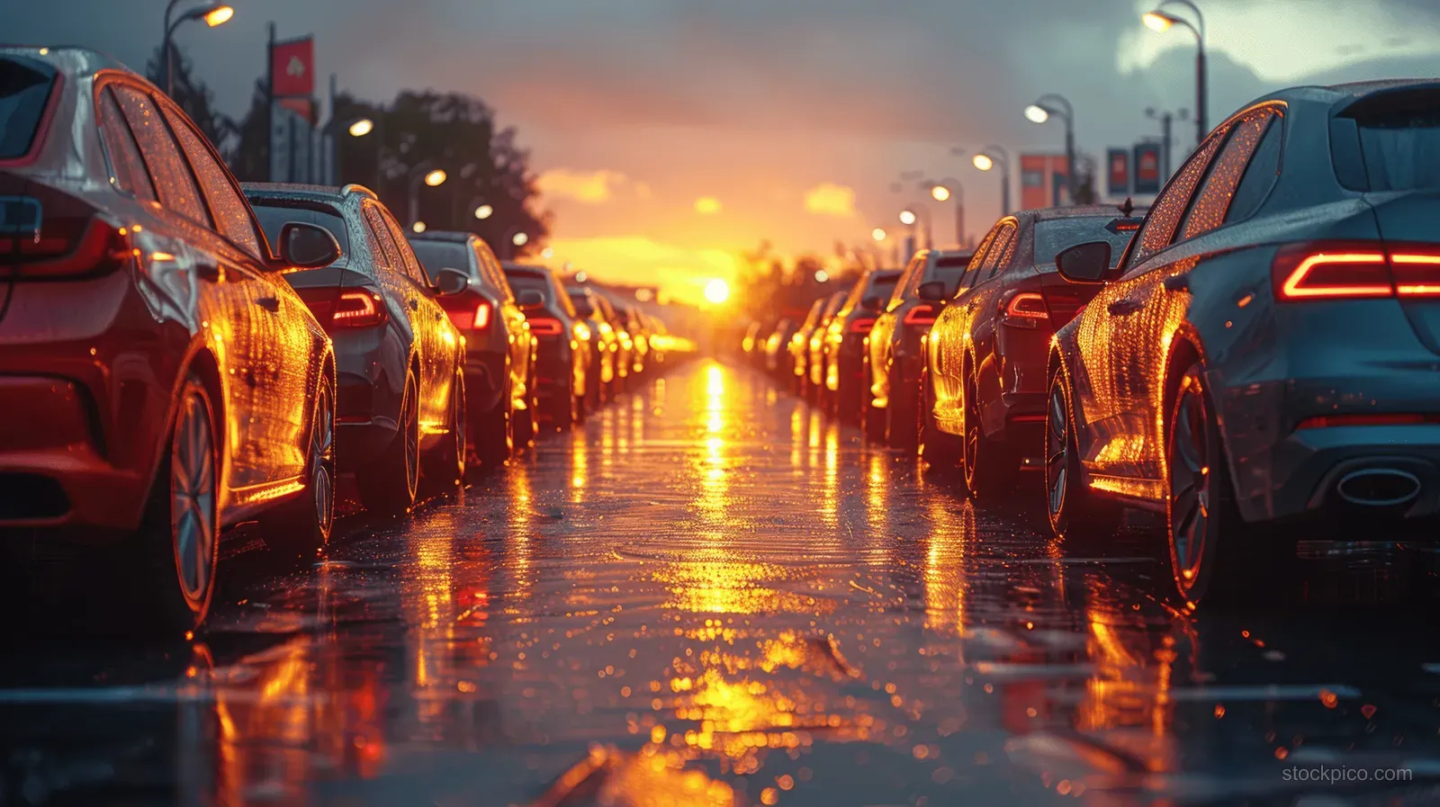 Cars parked in a dealership lot at sunset with shimmering reflections on wet asphalt.