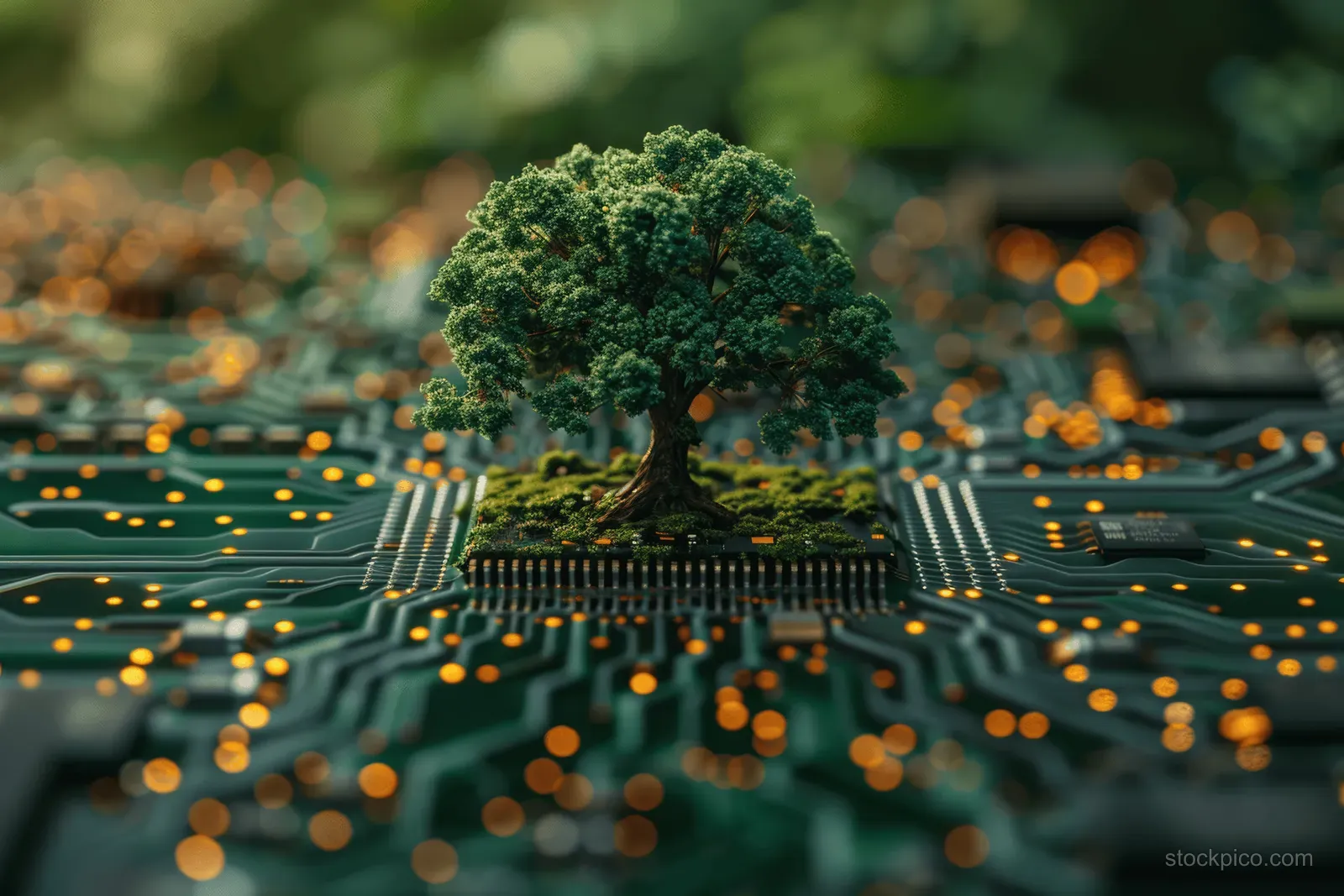 A green tree sprouts from a computer chip circuit board with glowing traces around it.