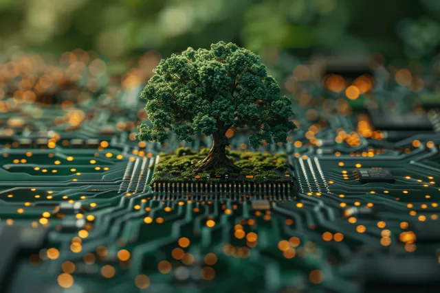 Un árbol verde brota de una placa de circuito de chip informático con trazas brillantes a su alrededor.