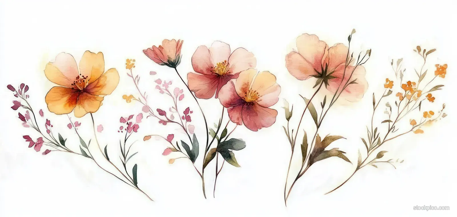 Watercolor painting of orange and pink flowers with thin green stems and small blossoms on a white background.