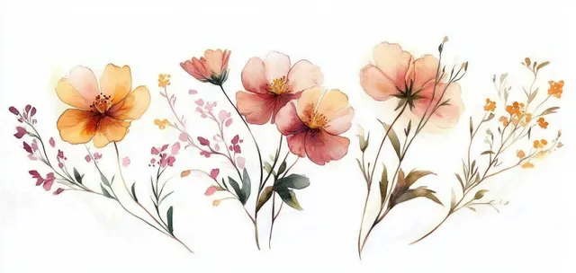 Watercolor orange and pink wildflowers with slender green stems on a white background