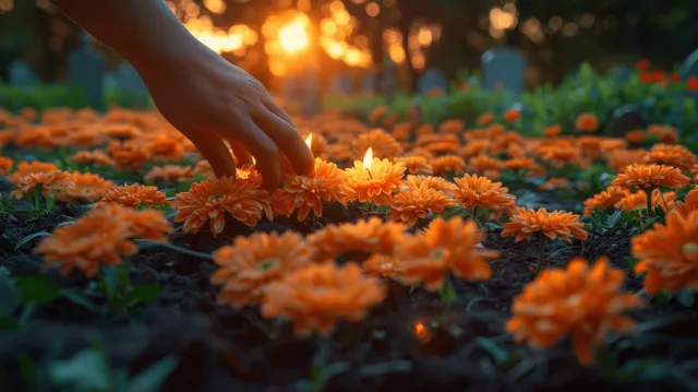Hands lighting small candles beside orange chrysanthemums on a cemetery grave at sunset