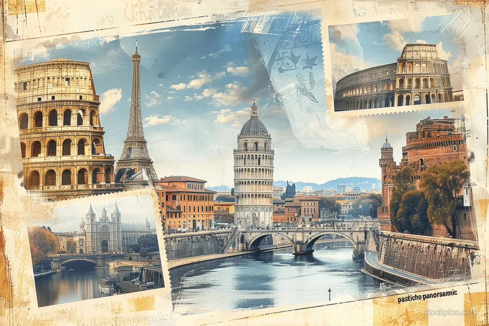 Retro collage of vintage European travel postcards showing the Eiffel Tower, Colosseum, bridges, and faded stamped paper.