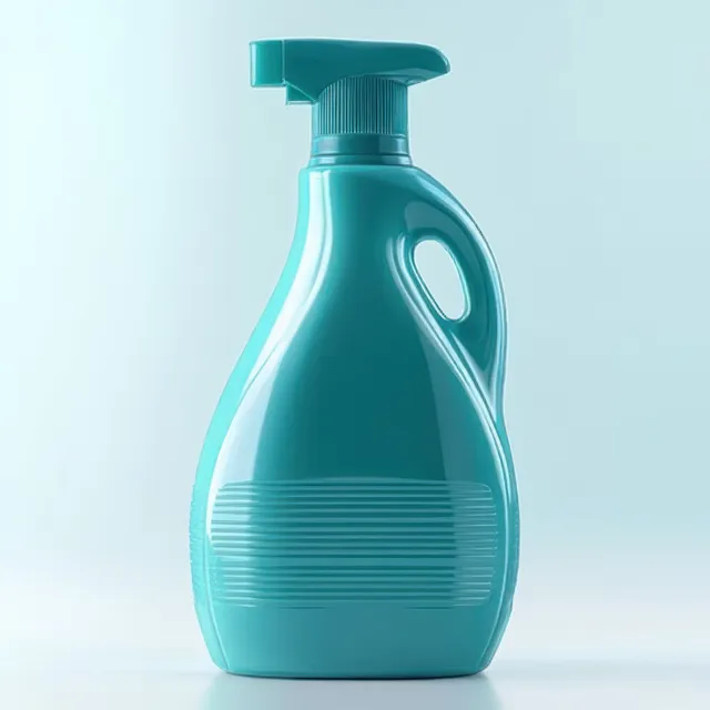 Turquoise liquid laundry detergent bottle with pump nozzle isolated on a bright white background.