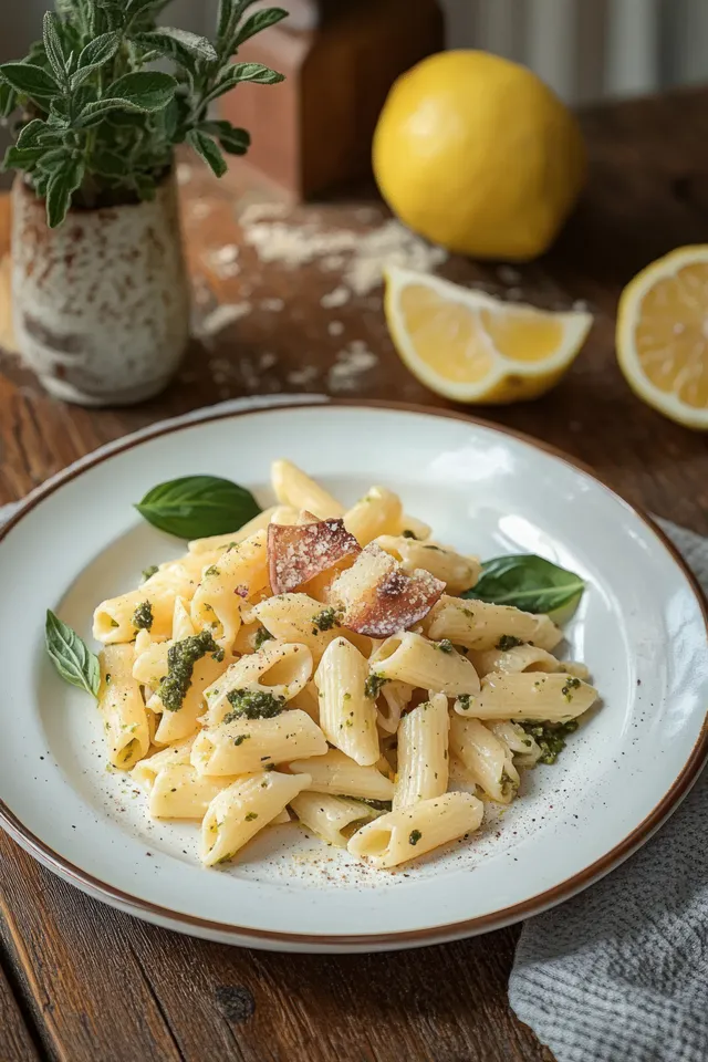 Creamy penne pasta with basil and crispy bacon sits on a white plate on a wooden table with lemon slices nearby.