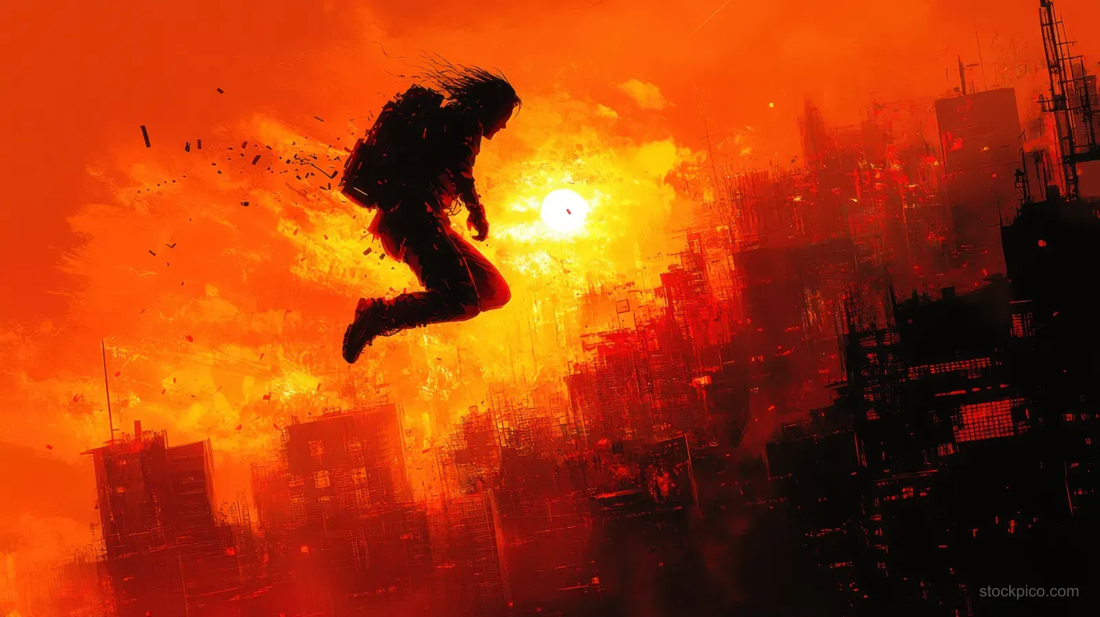 Cat-eared parkour girl leaps over a factory abyss at sunset with dust, debris, and glowing orange light.