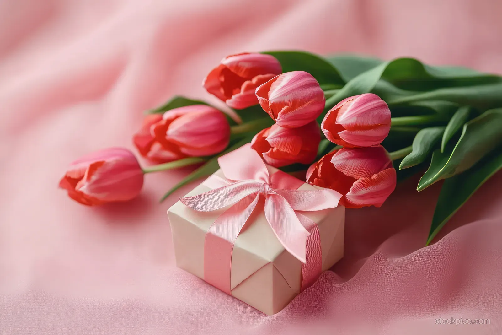 Red tulips and a ribbon gift box rest on a pink surface in a top-down composition.