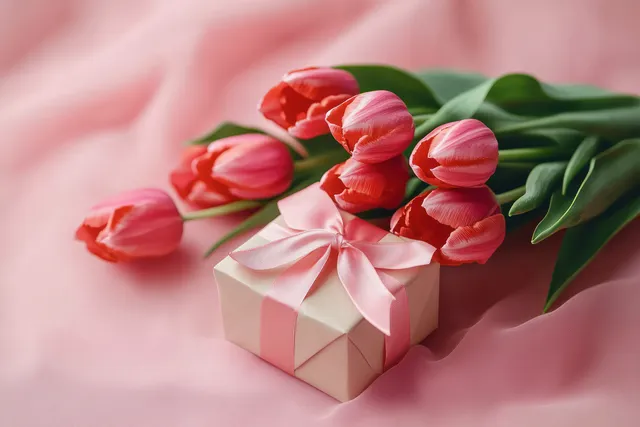 Red tulips and ribbon gift box on pink table top view for celebration