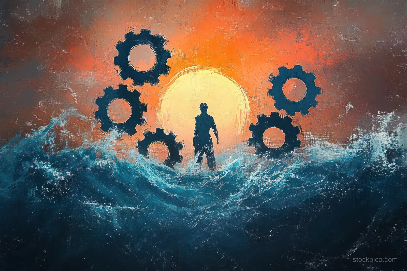 Silhouette of a person stands on churning ocean waves surrounded by floating gears beneath a glowing sunrise.