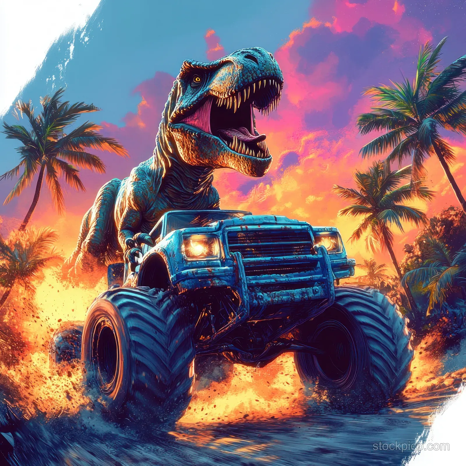 A roaring T-rex rides a muddy blue monster truck through a palm-filled tropical sunset with splashing wheels.