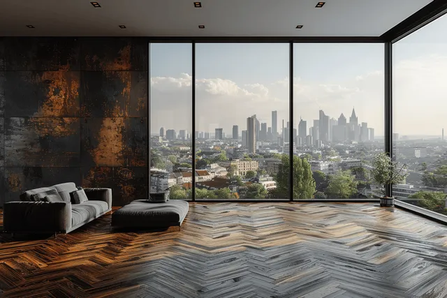 Industrial living room with dark sofa and rusted metal wall, looking at a panoramic city skyline through floor-to-ceiling windows.