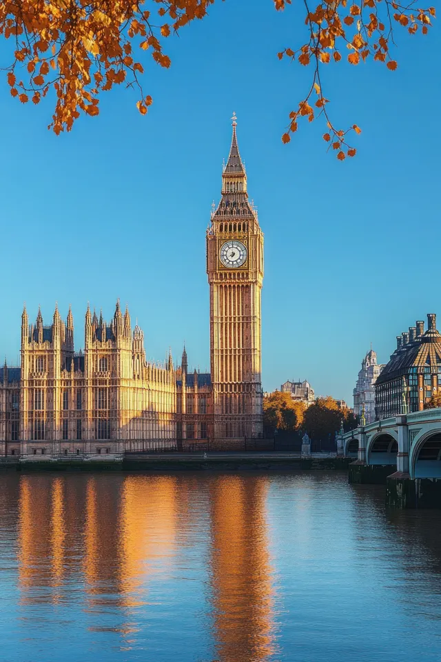 Big Ben and Parliament buildings reflect on a calm river while autumn leaves frame the skyline under a clear blue sky.