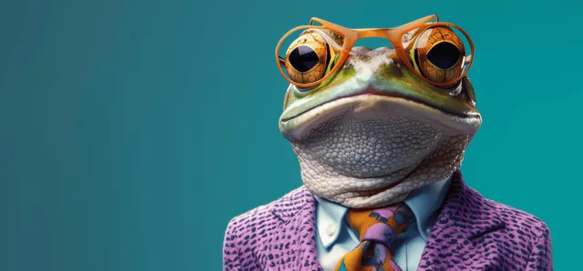 Stylish frog model in purple jacket and colorful tie wearing oversized goggles