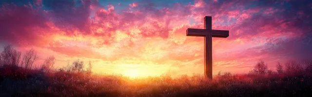 Wooden cross silhouette against sunrise clouds, spiritual light and hopeful Christian atmosphere
