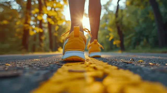 Child walking on sunlit path, playing with small toys outdoors