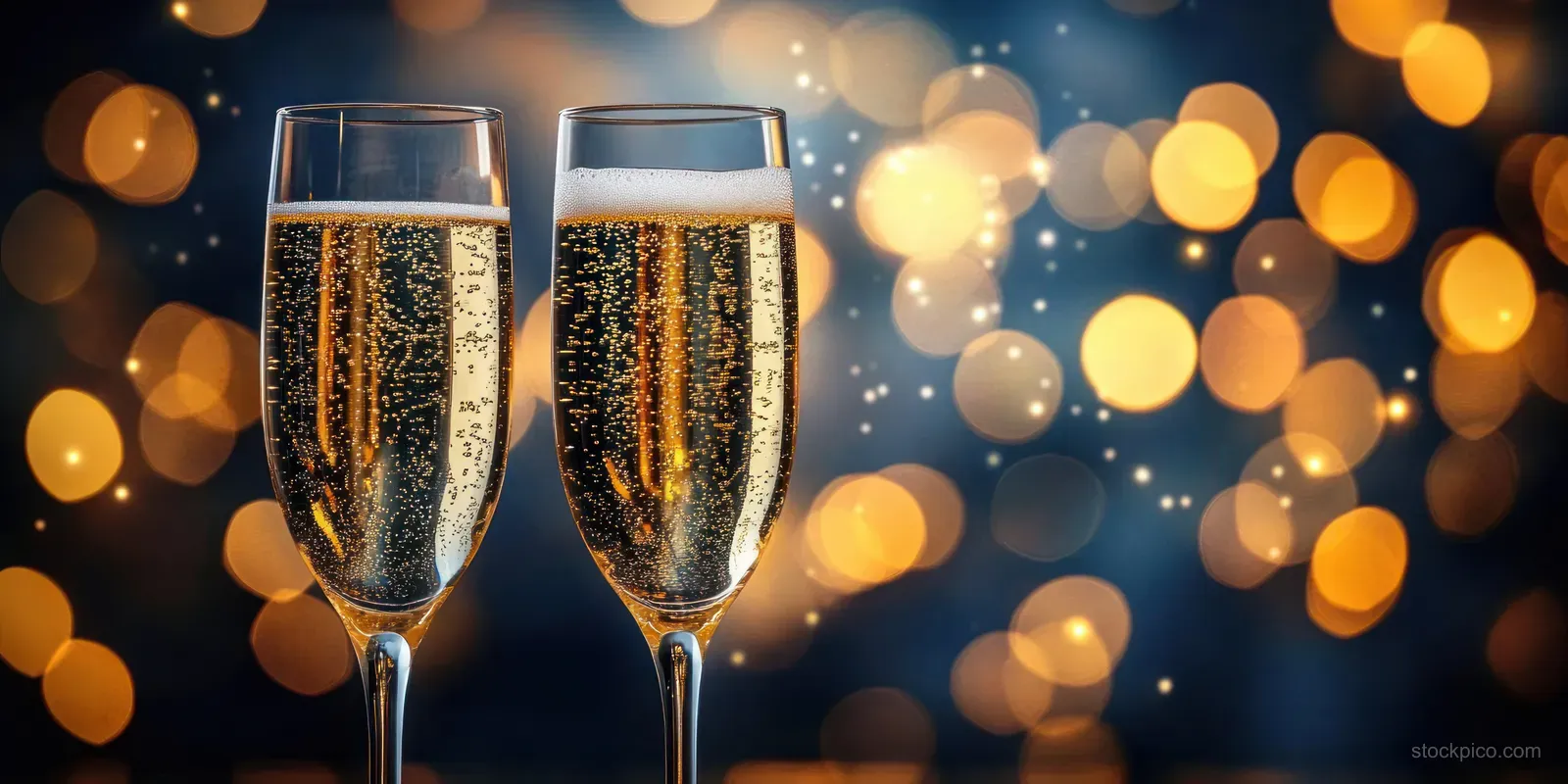 Two champagne flutes of sparkling wine with rising bubbles against warm golden festive bokeh lights.