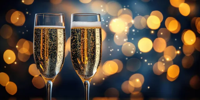 Two champagne flutes of sparkling wine with rising bubbles against warm golden festive bokeh lights.