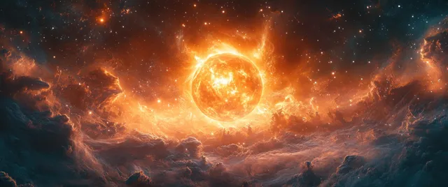 A bright cosmic sun glows in space, encircled by swirling galaxies, nebula clouds, and distant stars.