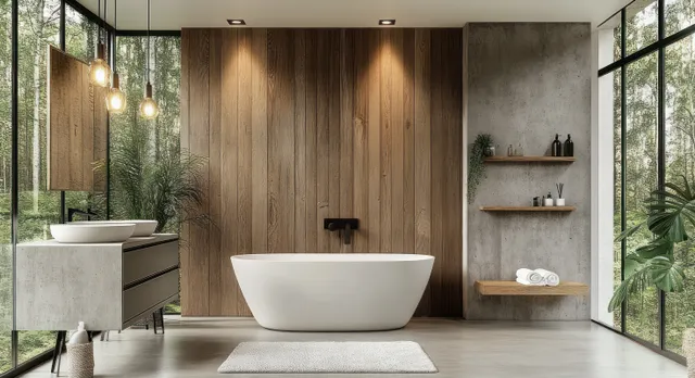 Freestanding bathtub in a minimalist Scandinavian bathroom with wood panels, concrete wall niche shelves, and daylight from large windows.