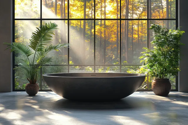 Minimalist bathroom interior with a round soaking tub under a panoramic window and potted plants in sunlight.