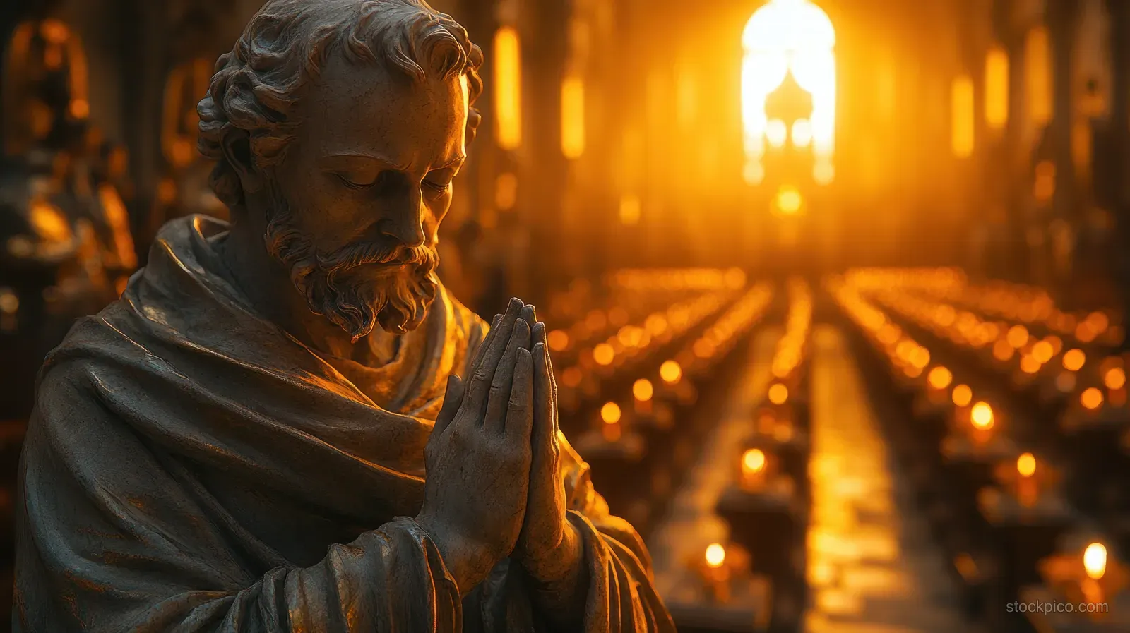 Nossa Senhora Aparecida statue with hands in prayer beside glowing candles in a dim cathedral aisle.