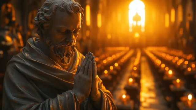Nossa Senhora Aparecida statue with hands in prayer beside glowing candles in a dim cathedral aisle.