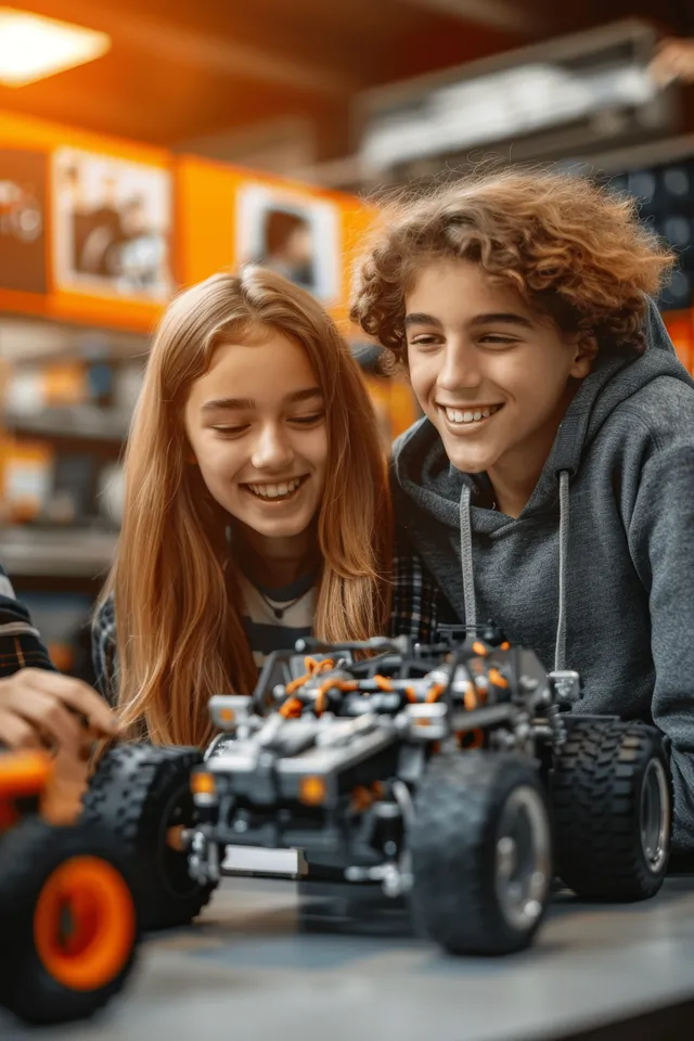 Diverse Students Building a Robotics Project in a Classroom