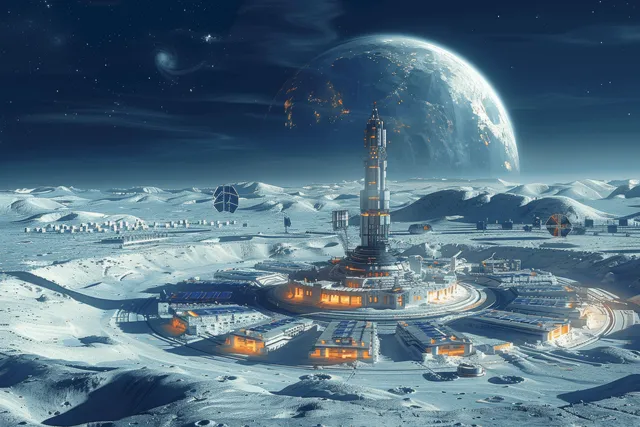 Illuminated futuristic lunar base on snowy ground with Earth in the background and an orbital space station overhead.