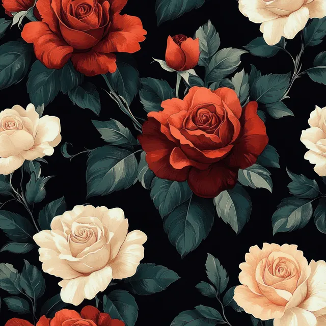 Seamless pattern of red and cream roses with dark green leaves on a black background.
