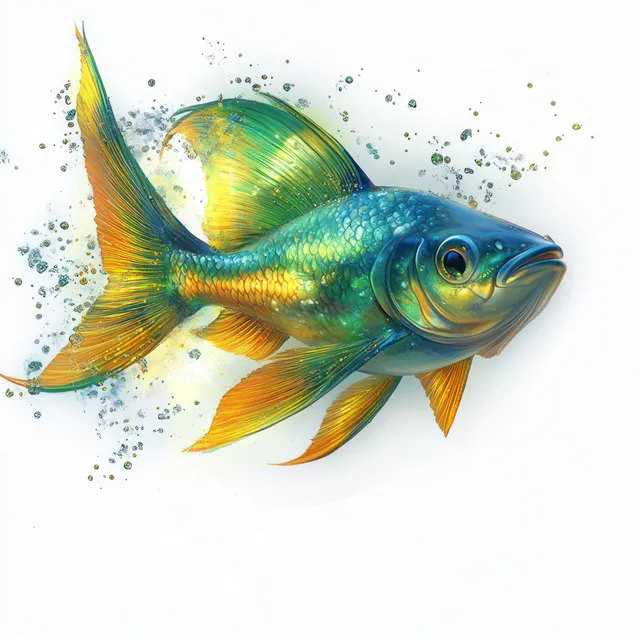 A flying fish illustration in bright green and blue with splash particles on a white background.
