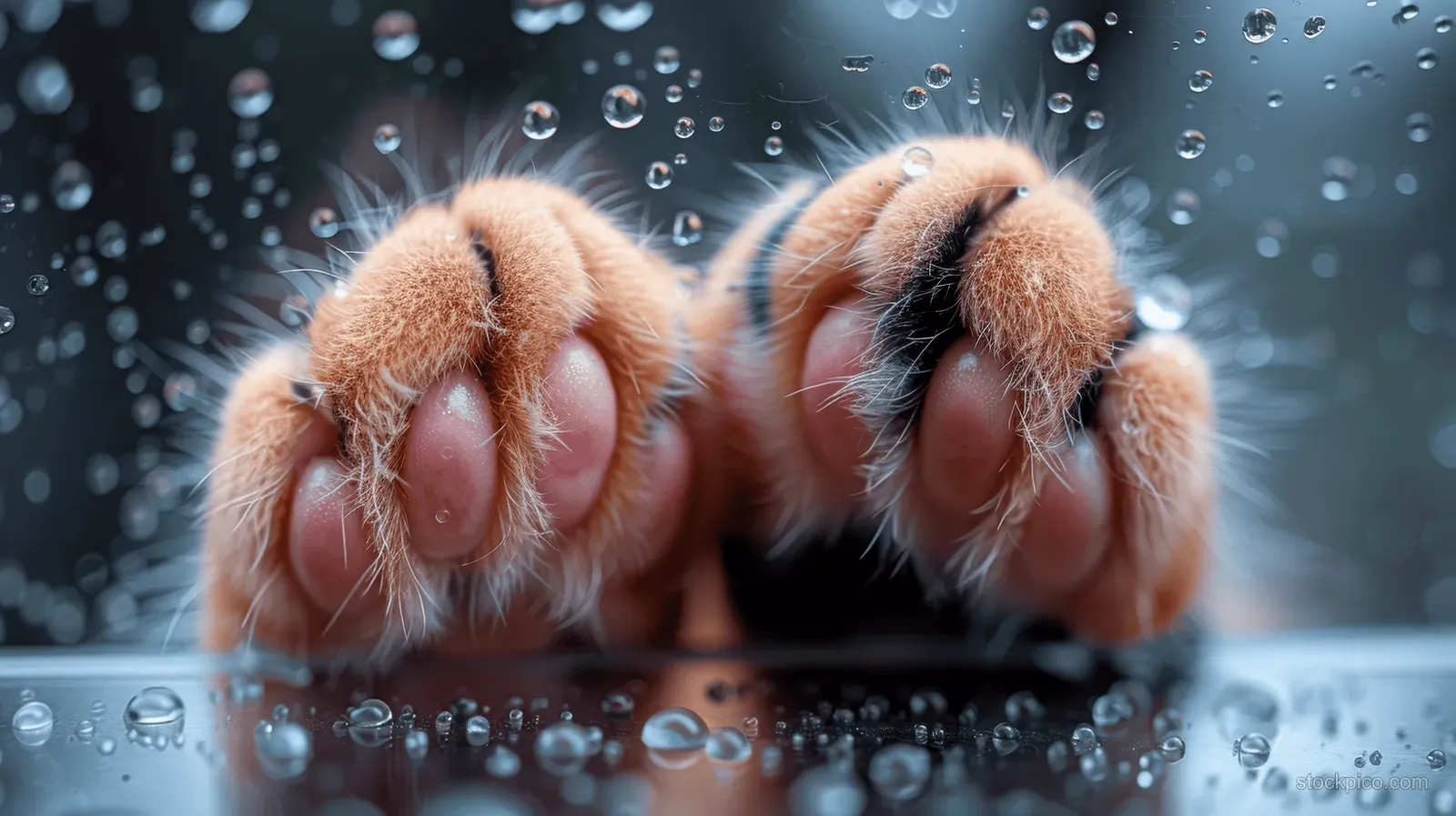 Cat paws rest on wet glass as water droplets cling to the surface around the paw pads.