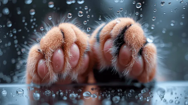 Cat paws rest on wet glass as water droplets cling to the surface around the paw pads.