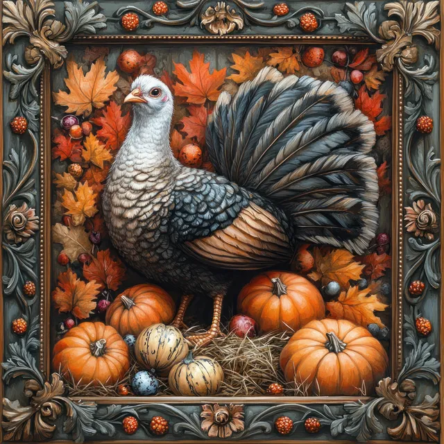 Turkey standing among pumpkins, gourds, and hay under an ornate autumn leaf border.