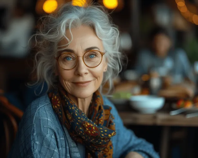 Smiling elderly woman with glasses seated at home dinner table, warm holiday lights