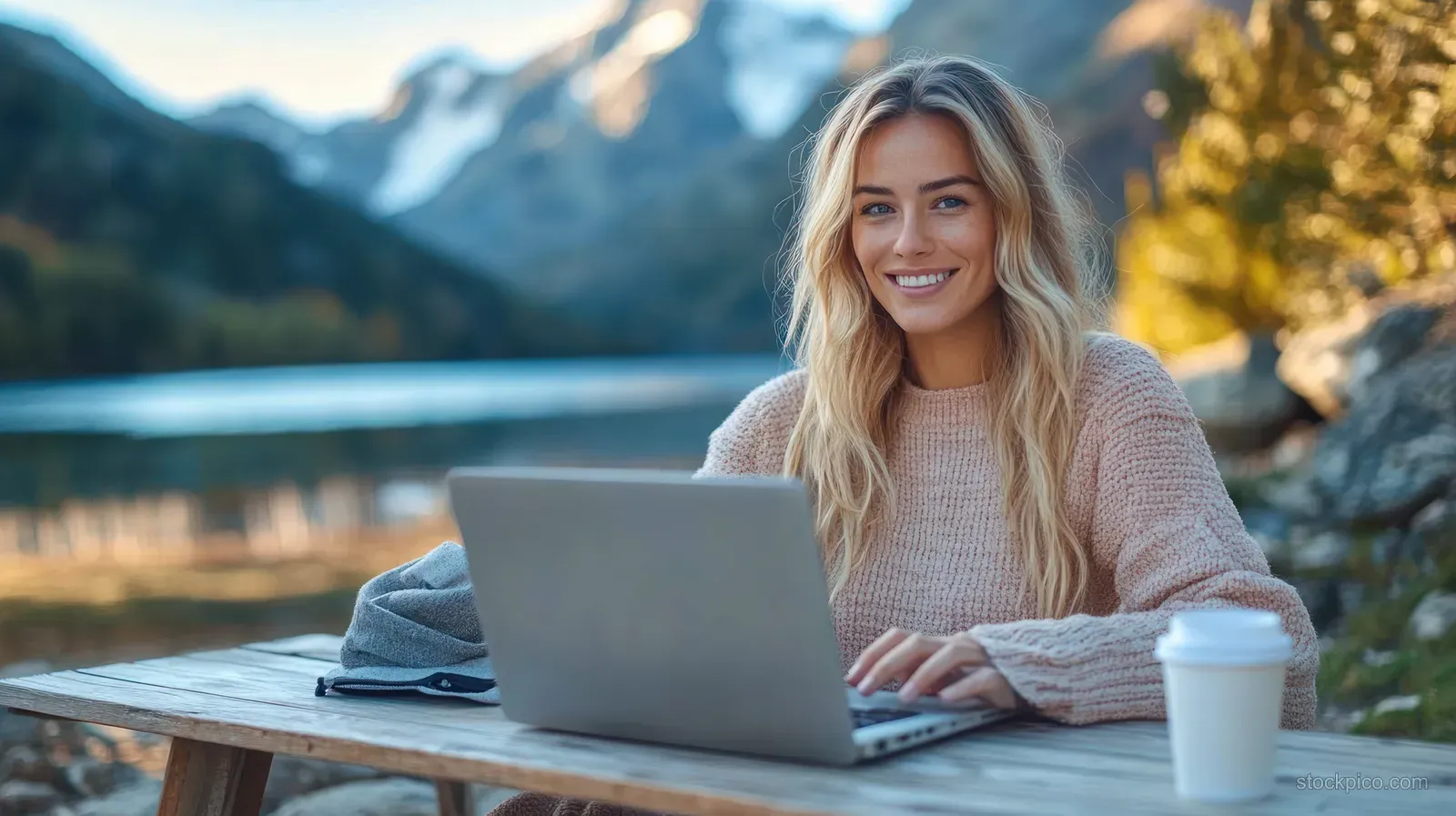 Smiling woman works on a laptop at a lakeside picnic table with snowcapped mountains in the background.