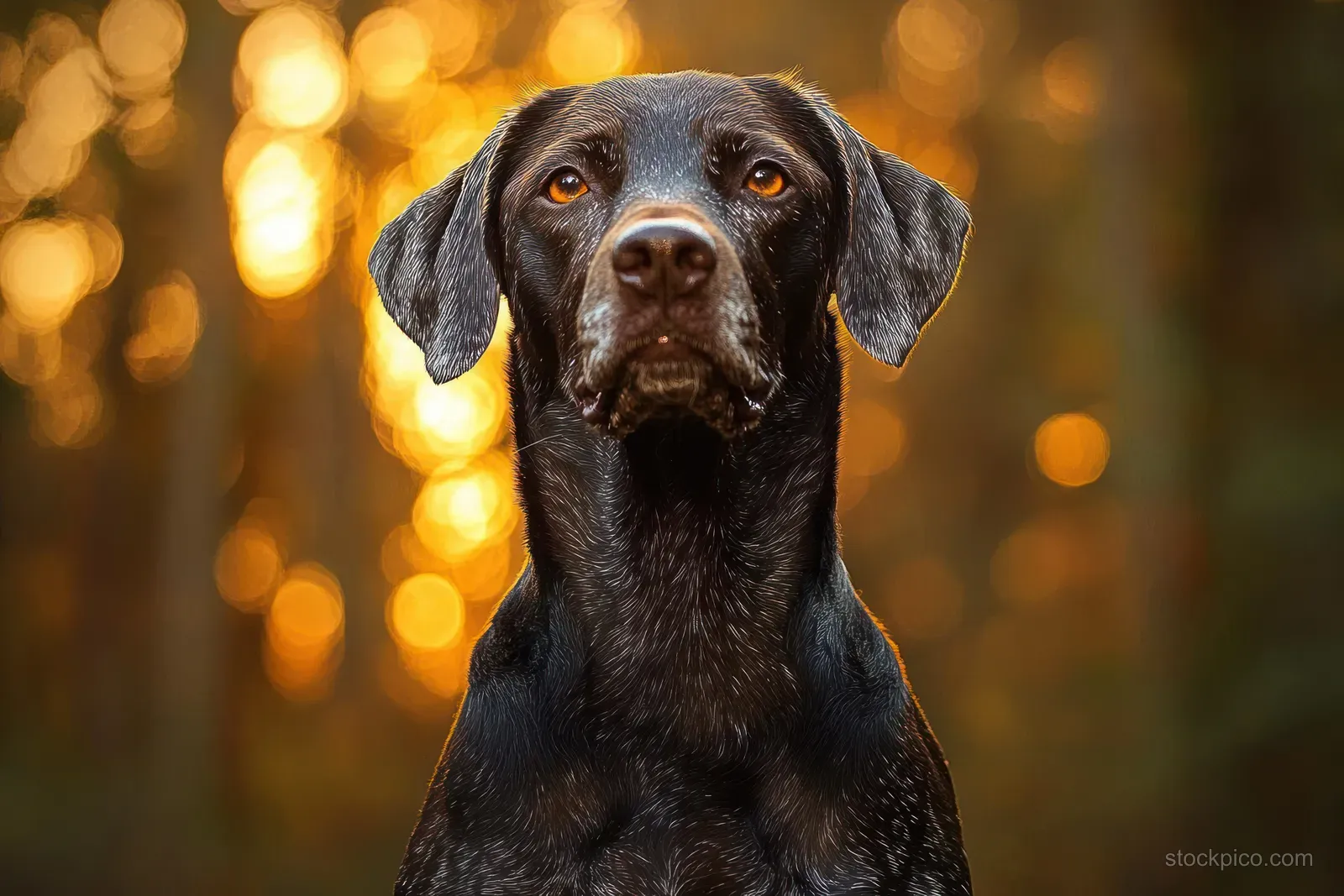 Wet black dog close-up against a warm glowing forest background with soft bokeh lights and an attentive gaze.