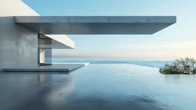 Minimalist concrete terrace with cantilever overhang overlooking a calm sea under a bright sky.