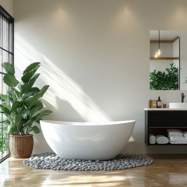 White freestanding bathtub sits on gray pebbles beside a potted plant in a minimalist Scandinavian bathroom.