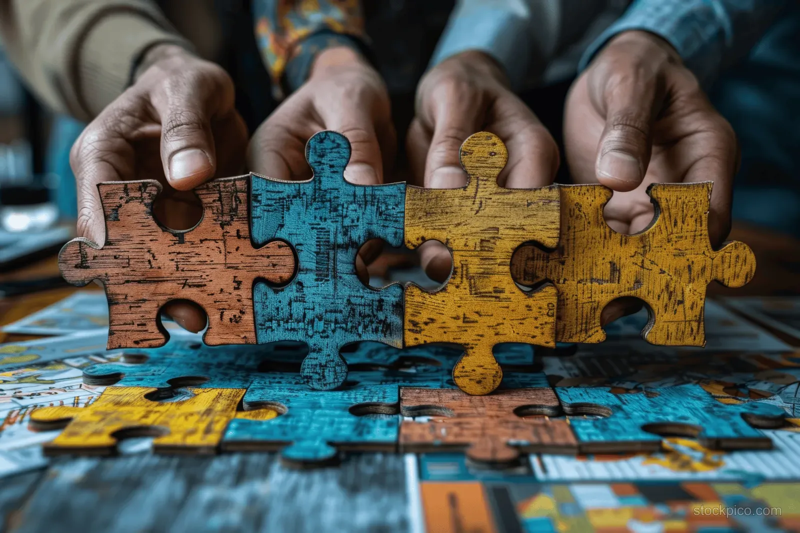 Hands place interlocking puzzle pieces on an office table with charts in view.