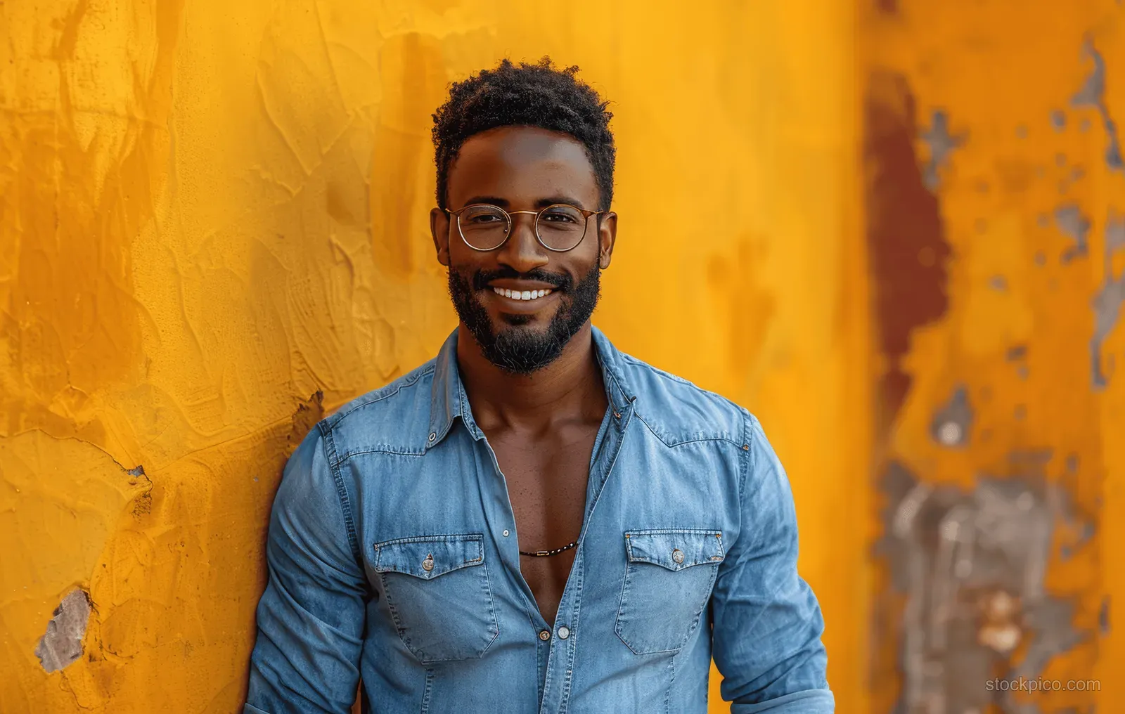 A smiling man in a blue shirt and glasses poses against a bright yellow wall with hands in pockets.