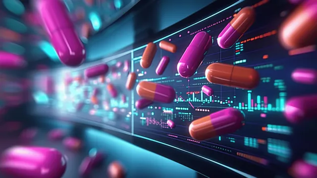Neon virus-like forms hover above a computer dashboard displaying real-time network metrics and security alerts.