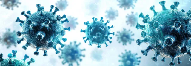Neon blue coronavirus particles with spiky shapes floating on a pale icy background.