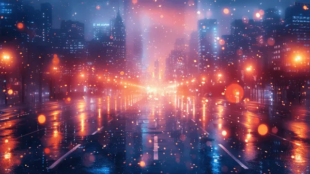 Rainy downtown street at night with bright buildings and glowing reflections on the wet road.