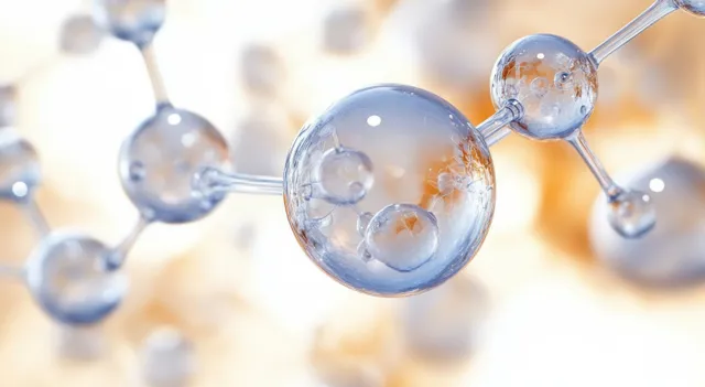 Transparent atom spheres linked by thin molecular bonds float above a blurred scientific background.