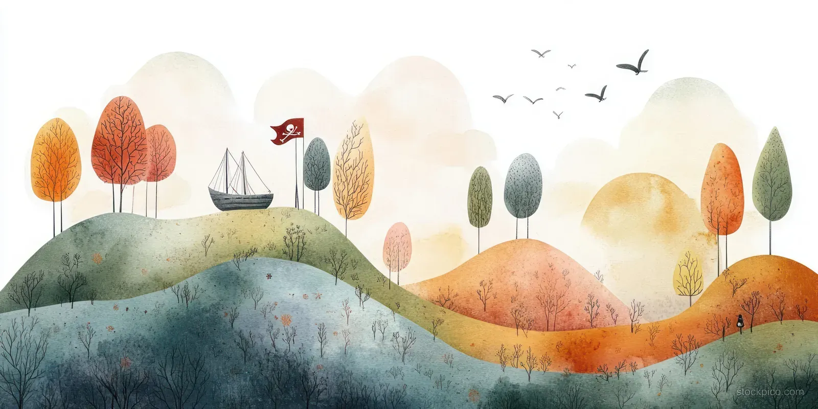 Whimsical watercolor rolling hills with colorful trees, sailboat on a lake, birds in the sky, and a hot air balloon.