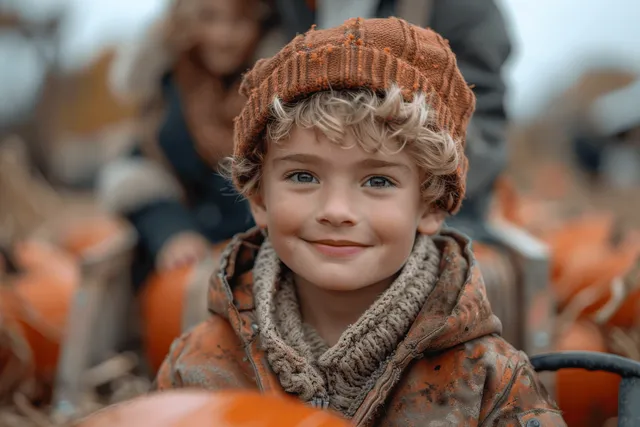 A smiling boy rides an orange tractor in a pumpkin patch with autumn harvest pumpkins around him.