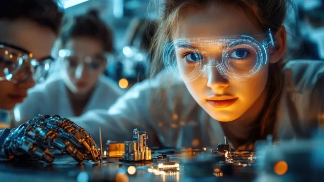Young scientist wearing augmented reality glasses examines a robotic hand with glowing circuit components in a futuristic lab.