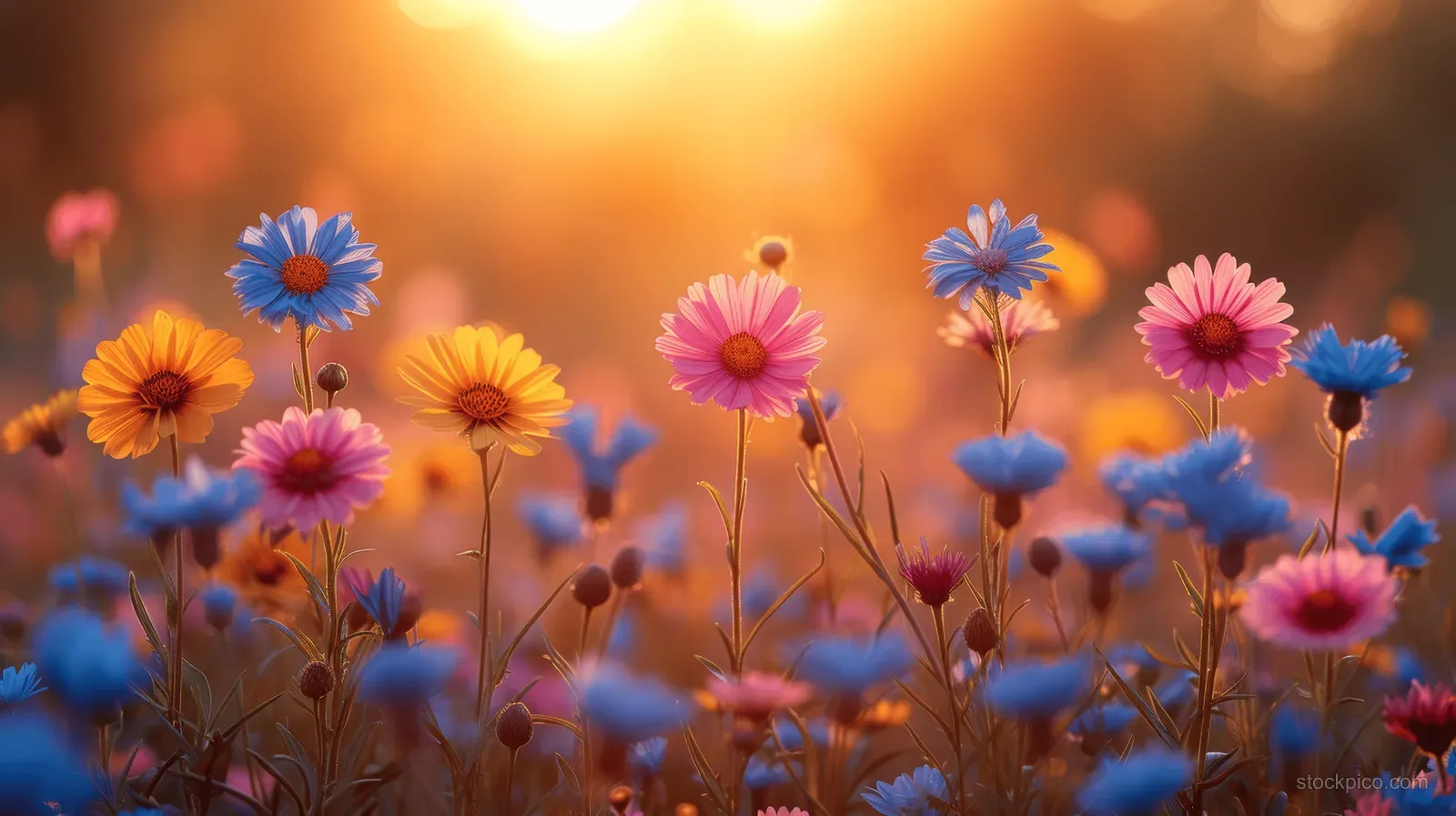 Blue and pink wildflowers sway in a sunlit meadow with warm golden sunset bokeh behind them.